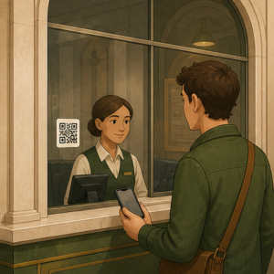 A museum visitor scans a QR code at the visitor desk.