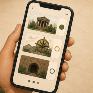 A phone displays an illustrated museum adventure on screen.