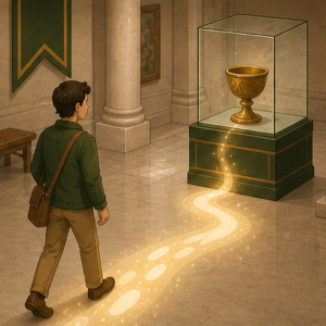 A visitor follows a clue path toward a museum artifact.